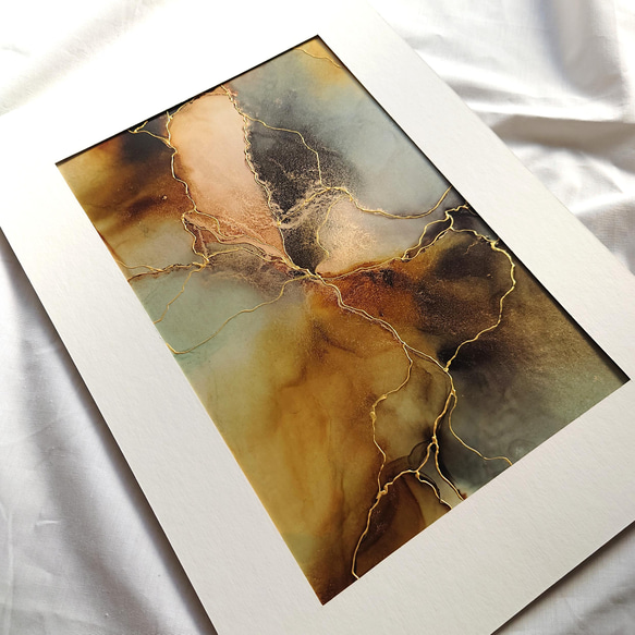 A4原画】アルコールインクアート/黒黄大理石柄/ポスター/金継ぎ風
