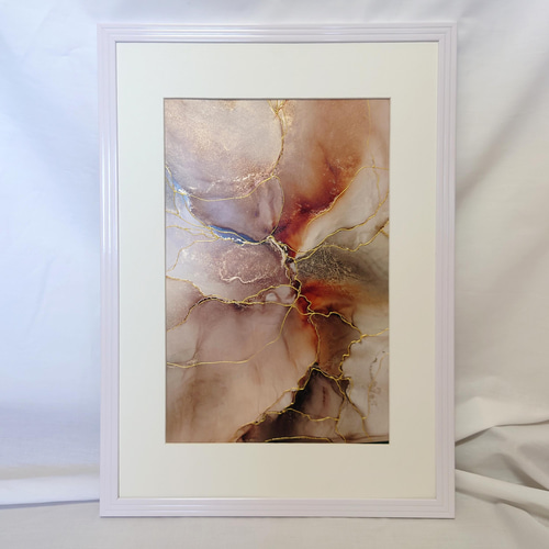 A4原画】アルコールインクアート/赤茶黒大理石柄/ポスター/金継ぎ風