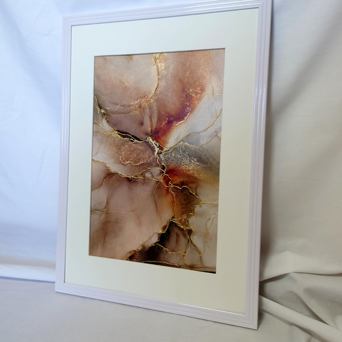 A4原画】アルコールインクアート/赤茶黒大理石柄/ポスター/金継ぎ風