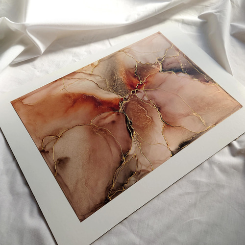 A4原画】アルコールインクアート/赤茶黒大理石柄/ポスター/金継ぎ風