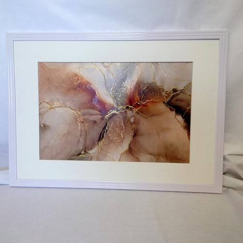 A4原画】アルコールインクアート/赤茶黒大理石柄/ポスター/金継ぎ風