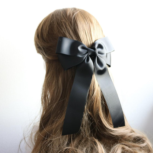 春早割 色変更可能 ☆ 1.5倍！ビッグダブルリボン 黒 ブラック ポニー ヘアアクセサリー