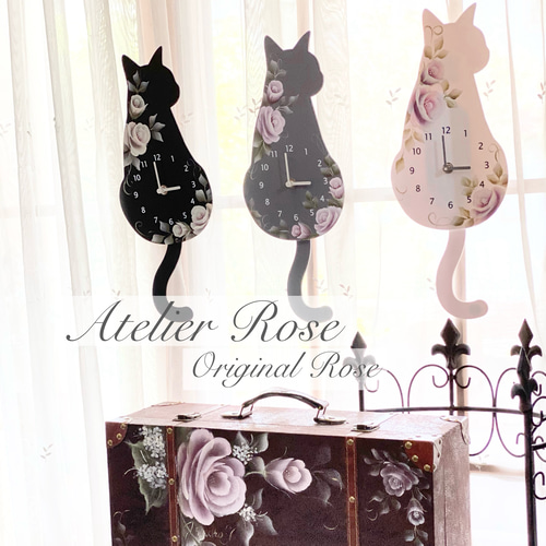 ♡しっぽが揺れる！手描きの薔薇 可愛い猫の振り子時計#ブラック