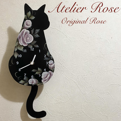 ♡2/22は猫の日！アトリエRose一番人気♡しっぽが揺れる！手描きの薔薇の可愛い猫の振り子時計①アイボリー 9枚目の画像