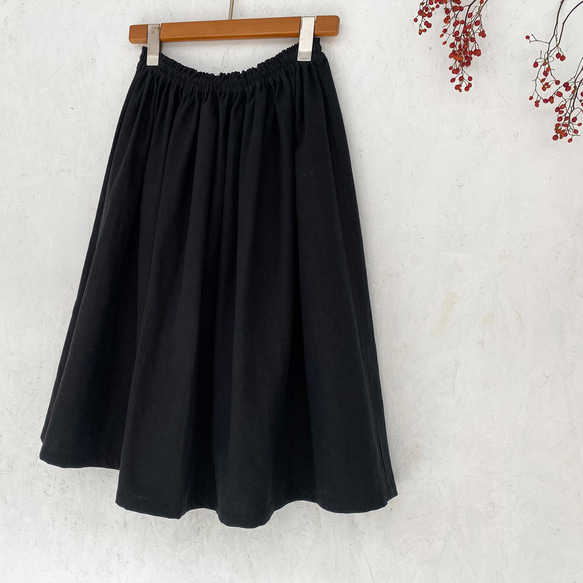 丈変更可 やわらかハーフリネンのミモレ丈ギャザースカート ブラック nunono-03 3枚目の画像