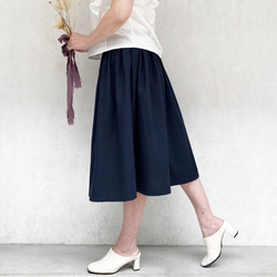 丈変更可 やわらかハーフリネンのミモレ丈ギャザースカート ネイビー nunono-03 2枚目の画像