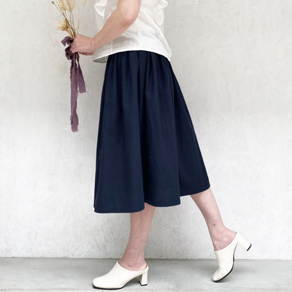 丈変更可 やわらかハーフリネンのミモレ丈ギャザースカート ネイビー nunono-03 2枚目の画像