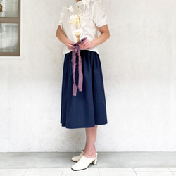 丈変更可 やわらかハーフリネンのミモレ丈ギャザースカート ネイビー nunono-03 1枚目の画像
