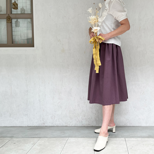丈変更可 やわらかハーフリネンのミモレ丈ギャザースカート パープル nunono-03 3枚目の画像