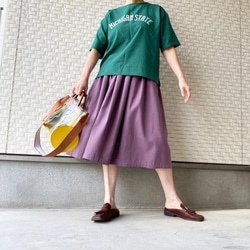丈変更可 やわらかハーフリネンのミモレ丈ギャザースカート パープル nunono-03 5枚目の画像