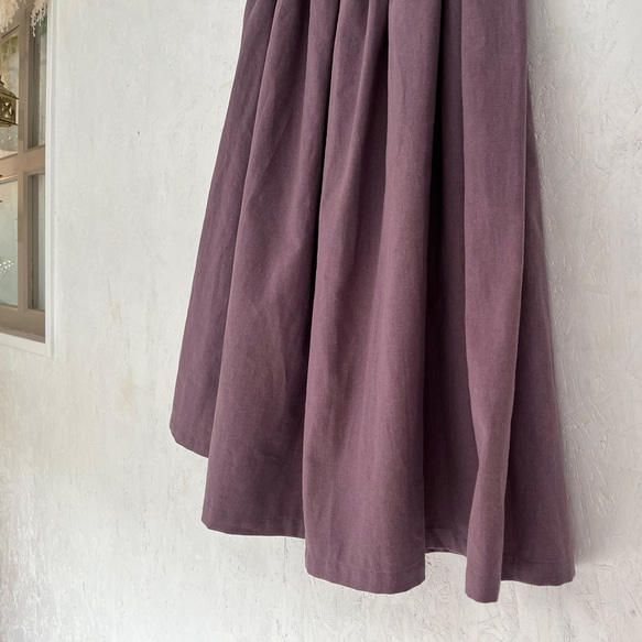 丈変更可 やわらかハーフリネンのミモレ丈ギャザースカート パープル nunono-03 12枚目の画像