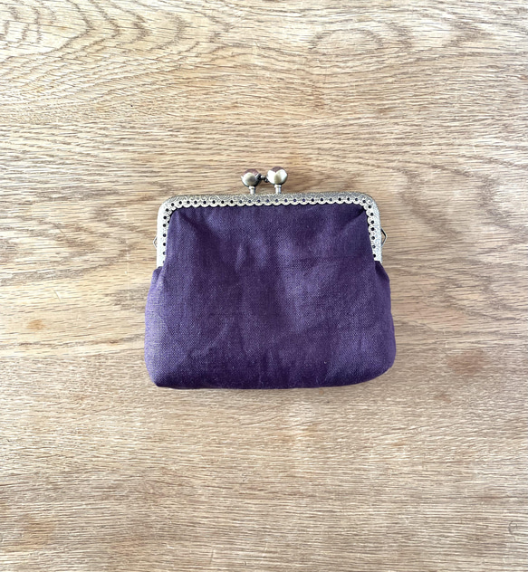 コンパクトながま口財布 がま口ポーチ アンティーク風 リネン100% 紫 1枚目の画像