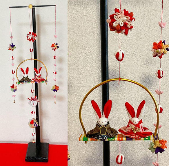 つるし飾り 3本 大 V お内裏さま ひな飾り 着物リメイク つるし雛