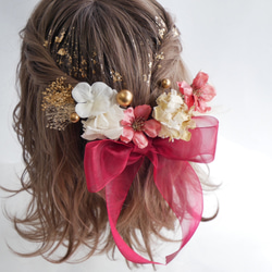 O9 オーガンジーリボン　ドライフラワー　髪飾り　赤　ピンク　ゴールド　桜　卒業式　袴　成人式　結婚式　 2枚目の画像