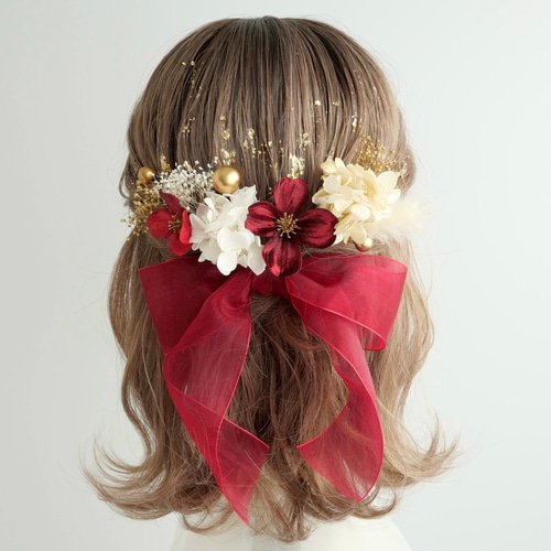 A264 オーガンジーリボン ドライフラワー 髪飾り 赤 ゴールド 卒業式