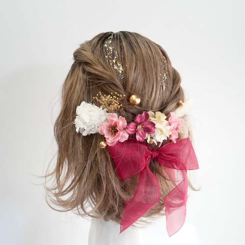 オーガンジー♡オーロラリボン♡かすみ草(ドライフラワー)髪飾りset