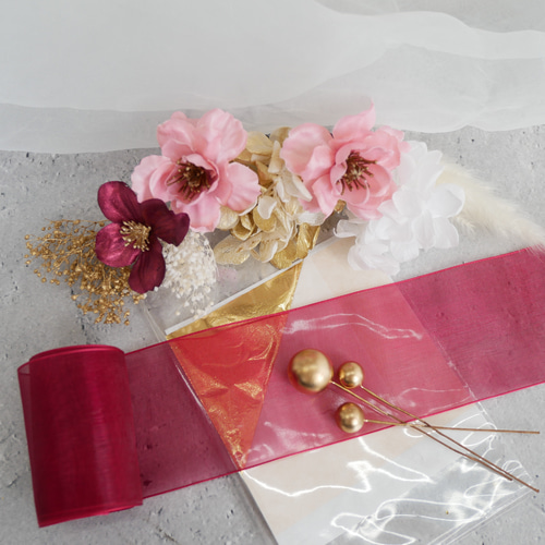 A264 オーガンジーリボン ドライフラワー 髪飾り 赤 ピンク ゴールド