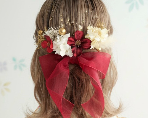 A264 オーガンジーリボン ドライフラワー 髪飾り 赤 ゴールド 卒業式
