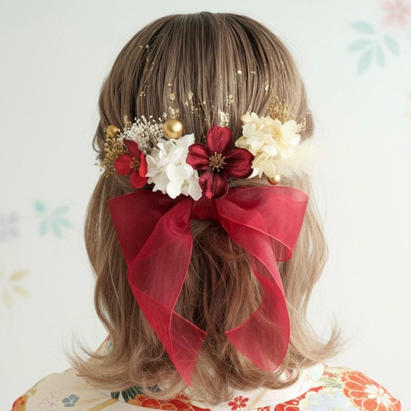A264 オーガンジーリボン ドライフラワー 髪飾り 赤 ゴールド 卒業式