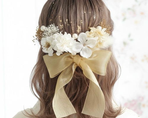 A263 オーガンジーリボン ドライフラワー 髪飾り ゴールド 白 桜 卒業
