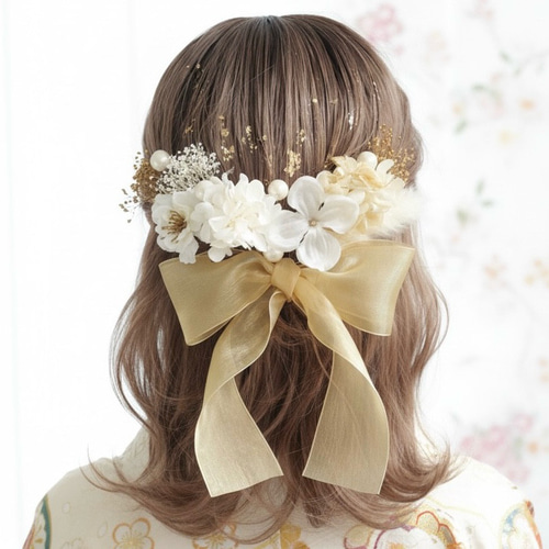 A263 オーガンジーリボン ドライフラワー 髪飾り ゴールド 白 桜 卒業