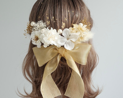 A263 オーガンジーリボン ドライフラワー 髪飾り ゴールド 白 桜 卒業