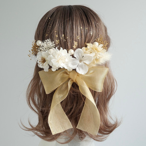 A263 オーガンジーリボン ドライフラワー 髪飾り ゴールド 白 桜 卒業
