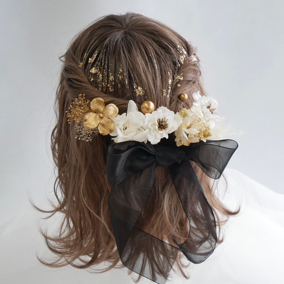 O7  オーガンジーリボン　ドライフラワー　髪飾り　黒　ゴールド　桜　卒業式　袴　成人式　振袖　結婚式　 2枚目の画像