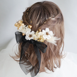 O7  オーガンジーリボン　ドライフラワー　髪飾り　黒　ゴールド　桜　卒業式　袴　成人式　振袖　結婚式　 3枚目の画像