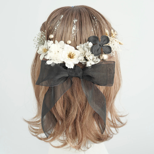 A262 オーガンジーリボン ドライフラワー 髪飾り 黒 ゴールド 桜 卒業