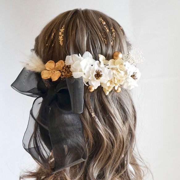 O7  オーガンジーリボン　ドライフラワー　髪飾り　黒　ゴールド　桜　卒業式　袴　成人式　振袖　結婚式　 4枚目の画像