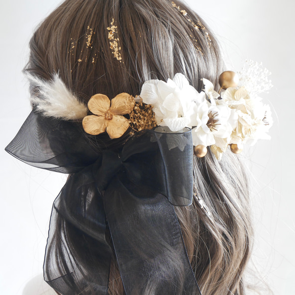 O7  オーガンジーリボン　ドライフラワー　髪飾り　黒　ゴールド　桜　卒業式　袴　成人式　振袖　結婚式　 5枚目の画像