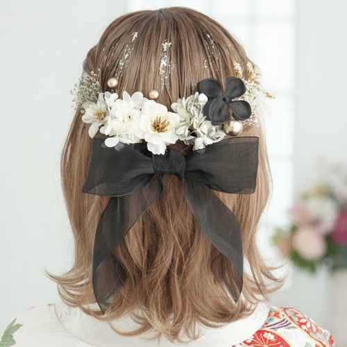A262 オーガンジーリボン ドライフラワー 髪飾り 黒 ゴールド 桜 卒業