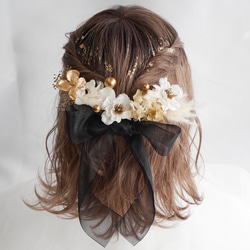O7  オーガンジーリボン　ドライフラワー　髪飾り　黒　ゴールド　桜　卒業式　袴　成人式　振袖　結婚式　 1枚目の画像