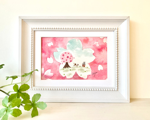 N1168ハッピーバレンタインと春桜　大サイズ　水彩画 aa3ebd078942eda780510ebb0bf28a