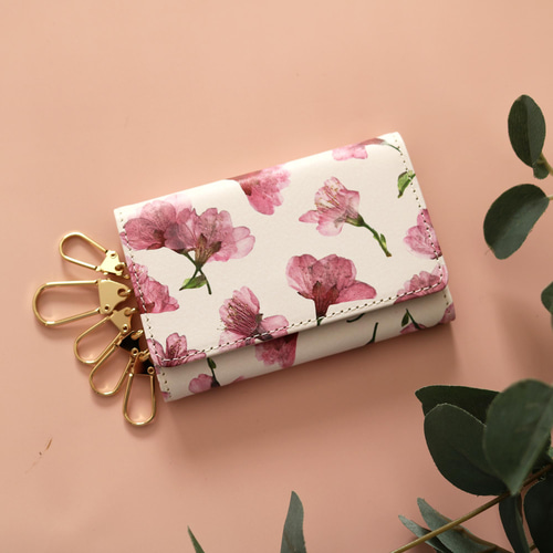 はんなり桜柄』押し花レザーキーケース【10日以内に発送】 キー