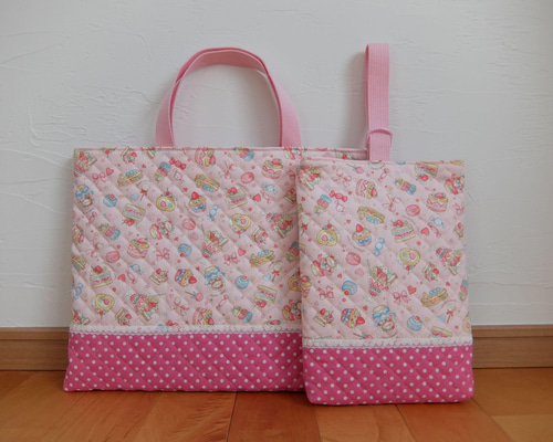 レッスンバッグ＆上履き入れ＊スイーツ＆リボン＊ピンク レッスン