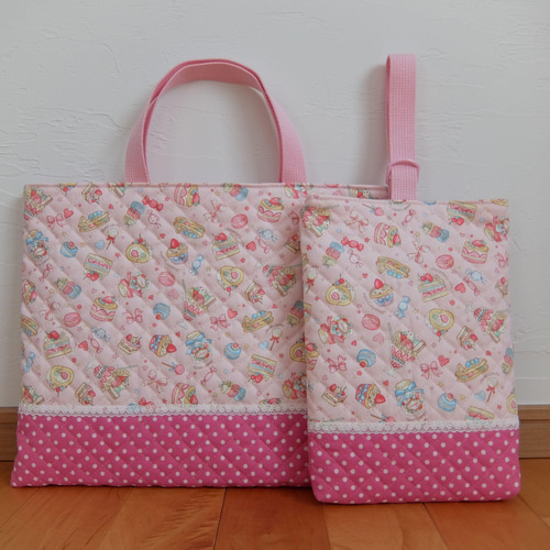 レッスンバッグ＆上履き入れ＊スイーツ＆リボン＊ピンク レッスン
