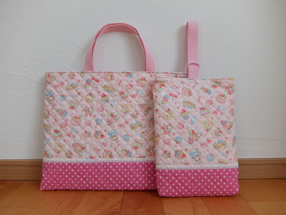 レッスンバッグ＆上履き入れ＊スイーツ＆リボン＊ピンク レッスン