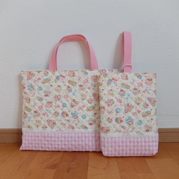 レッスンバッグ＆上履き入れ＊スイーツ＆リボン＊クリーム レッスン