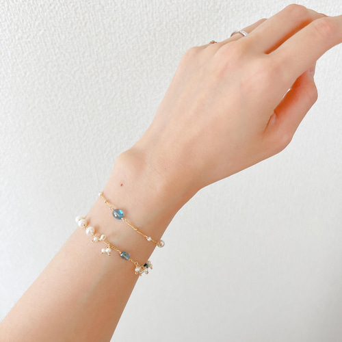 14kgf ロンドンブルートパーズ×淡水パール 華やかブレスレット