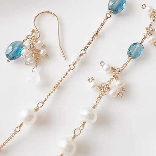 14kgf ロンドンブルートパーズ×淡水パール 華やかブレスレット