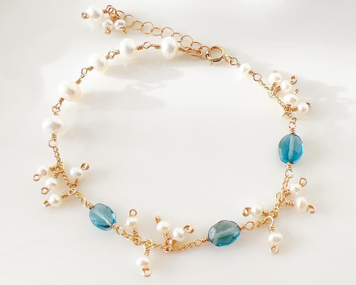 14kgf ロンドンブルートパーズ×淡水パール 華やかブレスレット