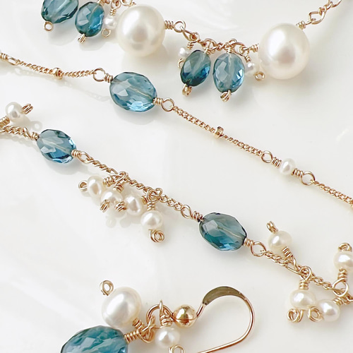 14kgf ロンドンブルートパーズ×淡水パール 華やかブレスレット