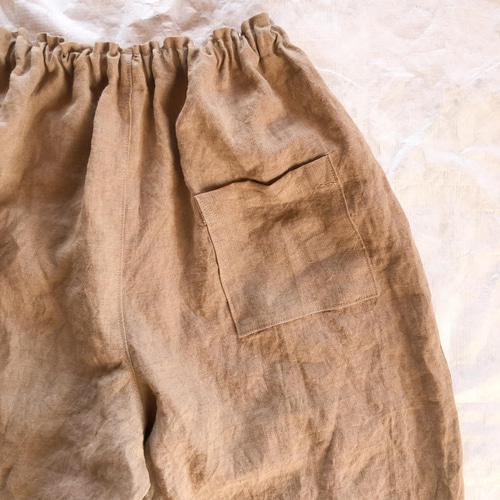 柿渋染めのリネン100% ワイドパンツ ゆったりズボン もんぺ キュロット