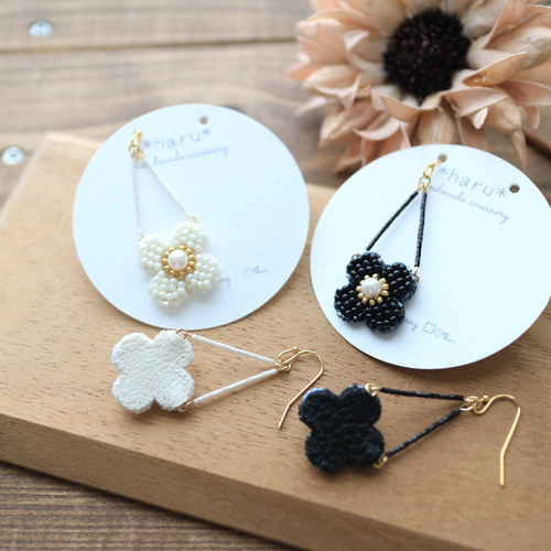 ブラックビーズ刺繍フラワー　ピアス　イヤリング お花❁のビーズ刺繍 ピアス／イヤリング（ブラック） ピアス（スタッド