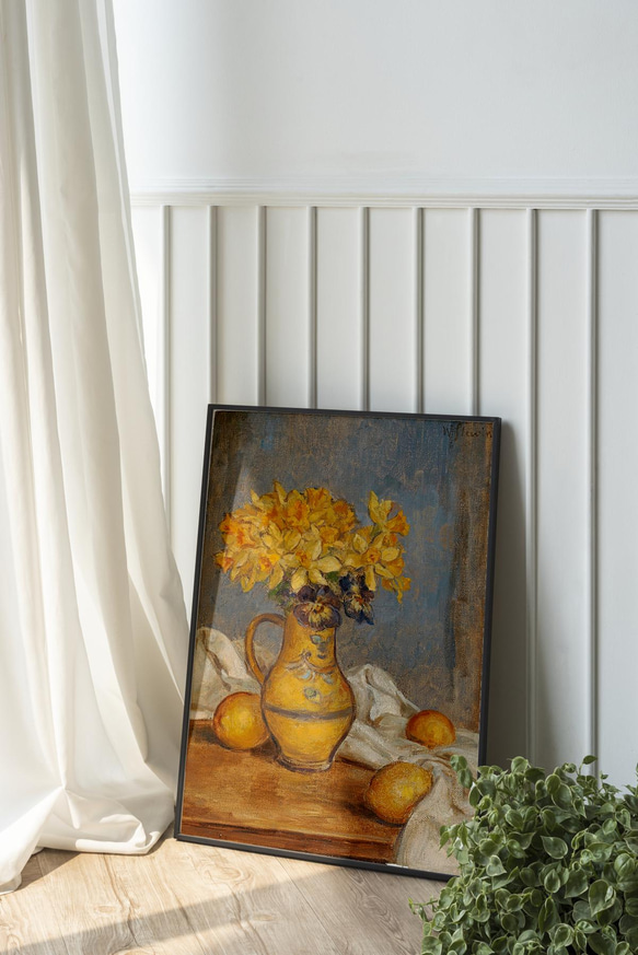 【NO.342】水仙の花瓶とレモンの絵画フラワーアートポスター☆黄色アンティークヴィンテージレトロ☆A3A2A1B4B3 12枚目の画像