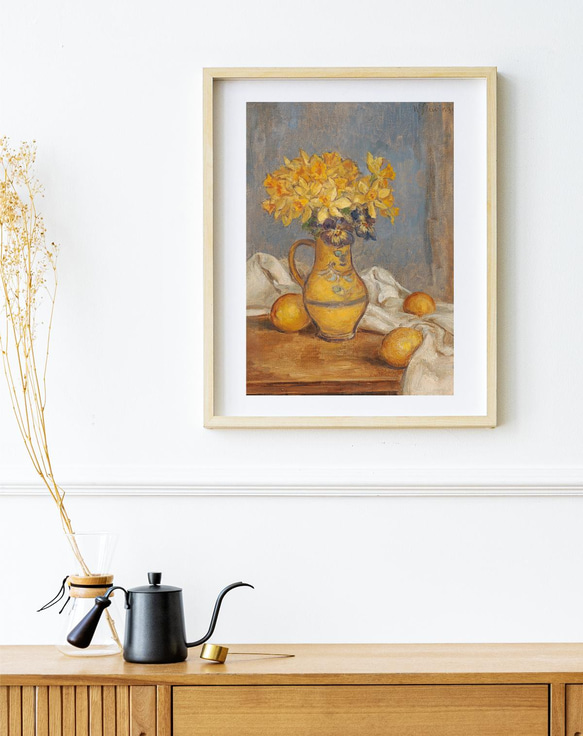 【NO.342】水仙の花瓶とレモンの絵画フラワーアートポスター☆黄色アンティークヴィンテージレトロ☆A3A2A1B4B3 8枚目の画像