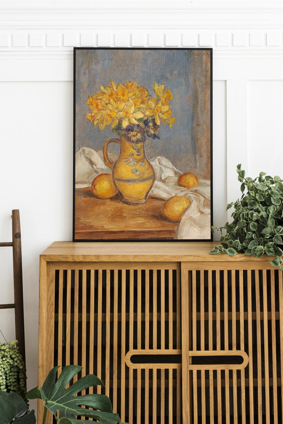 【NO.342】水仙の花瓶とレモンの絵画フラワーアートポスター☆黄色アンティークヴィンテージレトロ☆A3A2A1B4B3 5枚目の画像