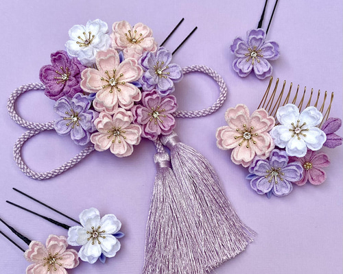 つまみ細工 桜の髪飾りset ピンク×ラベンダー 藤色 *七五三*成人式